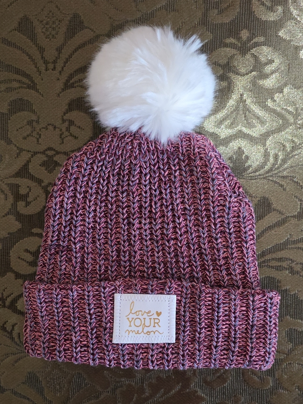 Love Your Melon Women's Pink Marled Knit Beanie With White Faux Fur Pom